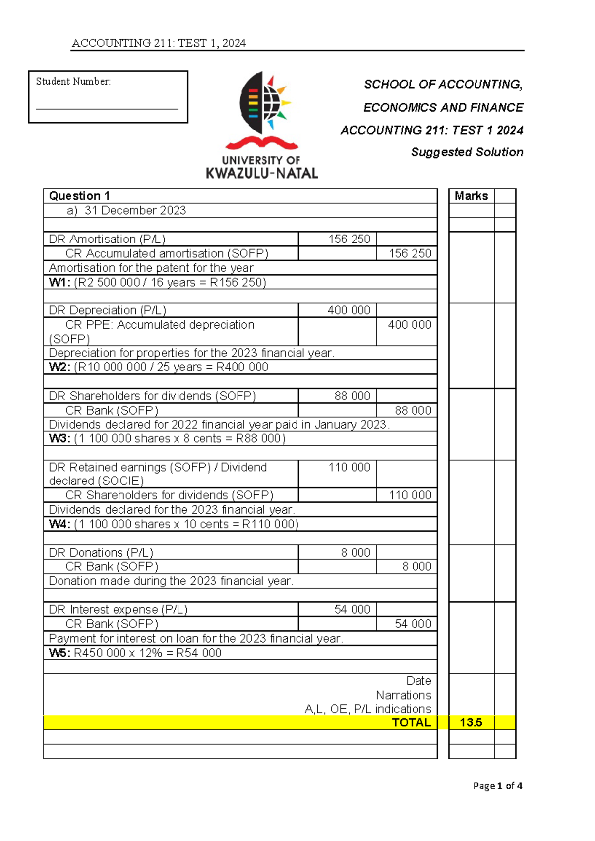 2024 ACCT211 Test 1 Suggested Solutions and Breakdown - Studocu