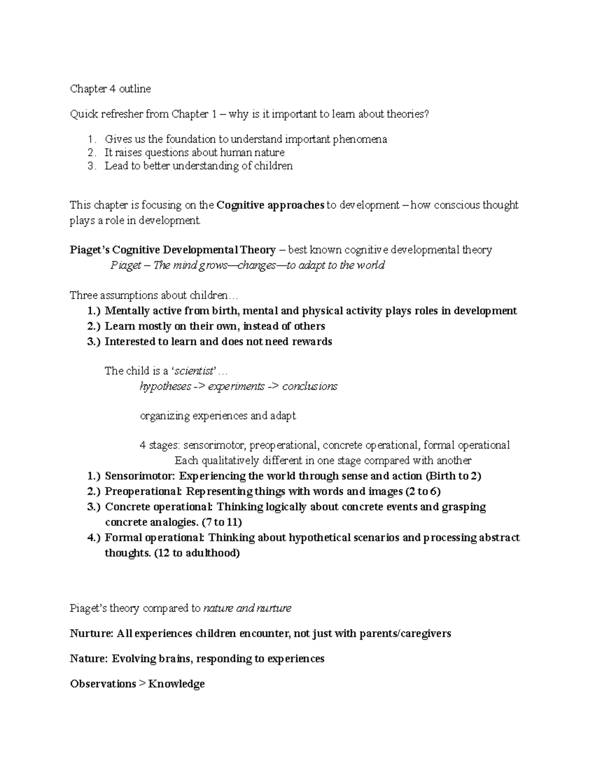 Developmental Psych 101: Chapter 4 Outline on Cognitive Theory - Studocu