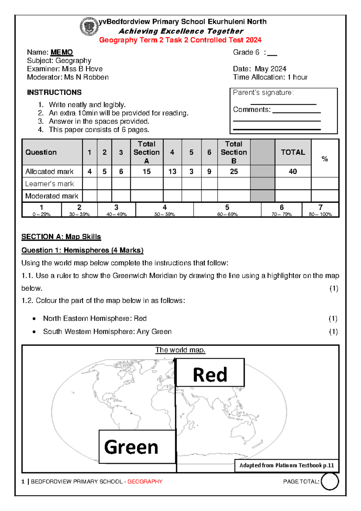 Geography Term 2 Controlled Test Memo - Grade 6 (2024) - Studocu