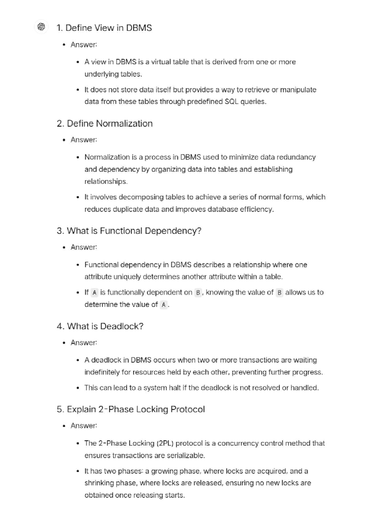 DBMS short answers - 1. Define View in DBMS Answer: A view in DBMS is a ...