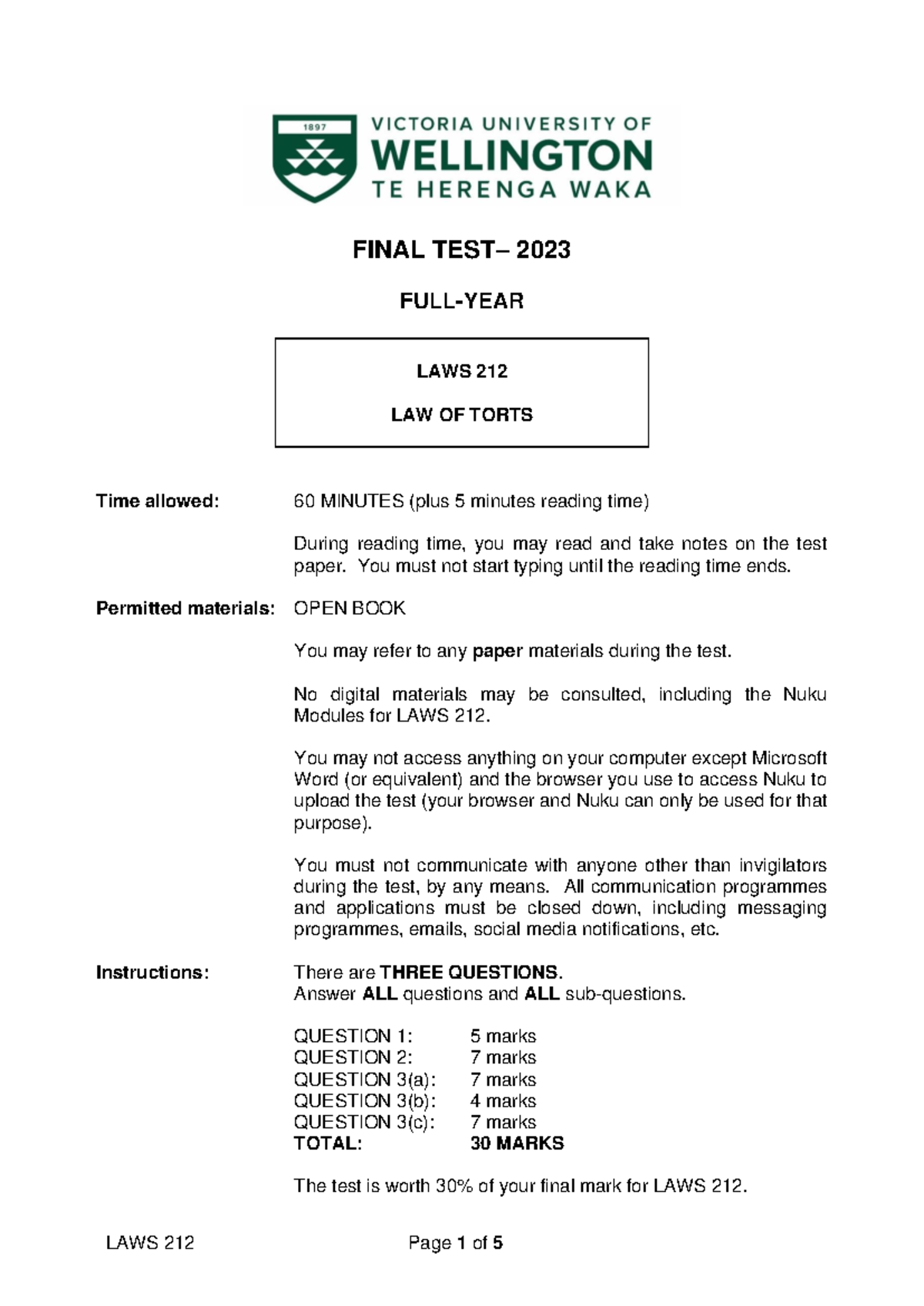 LAWS 212 - Final Exam: Law of Torts - Test Instructions & Case Analysis ...