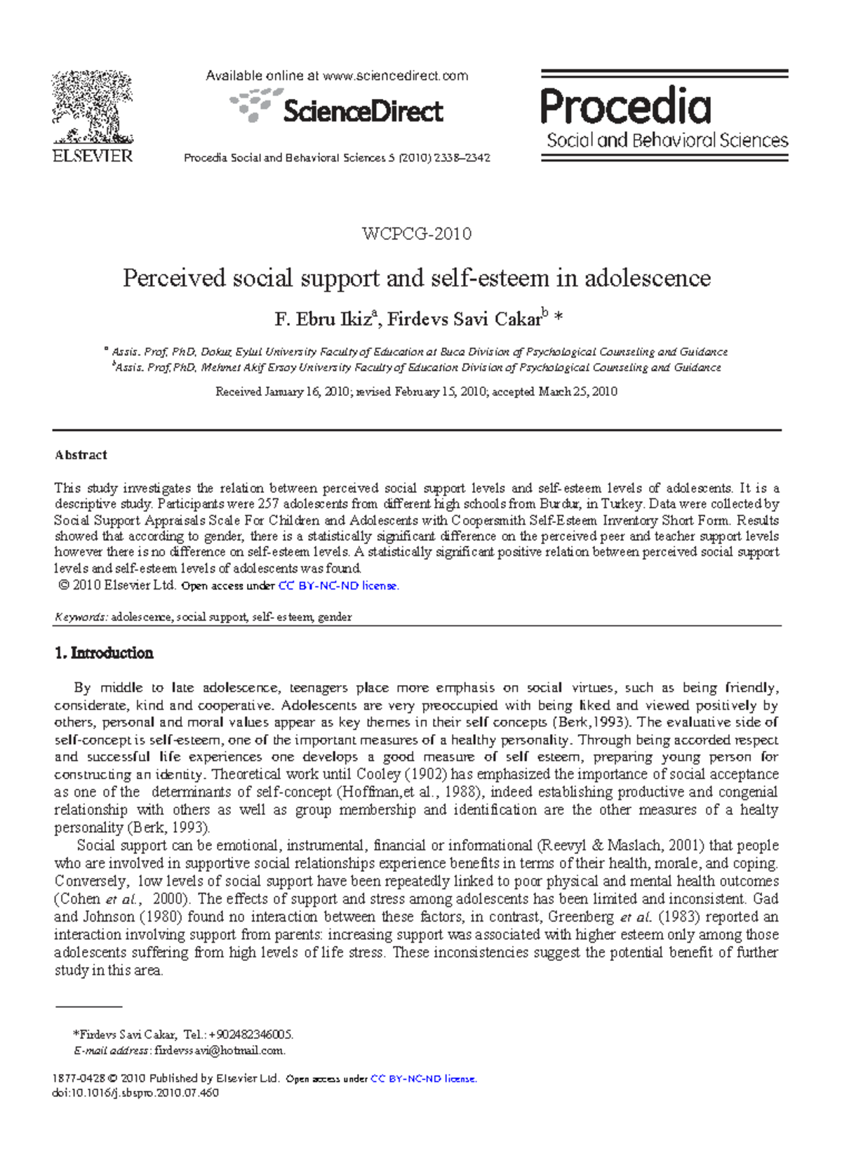 Perceived Social Support and Self-Esteem in Adolescents: A Study (2010 ...