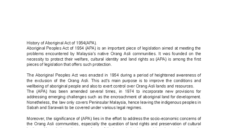 Aboriginal Peoples Act of 1954: An Analysis of Its Impact (APA) - Studocu