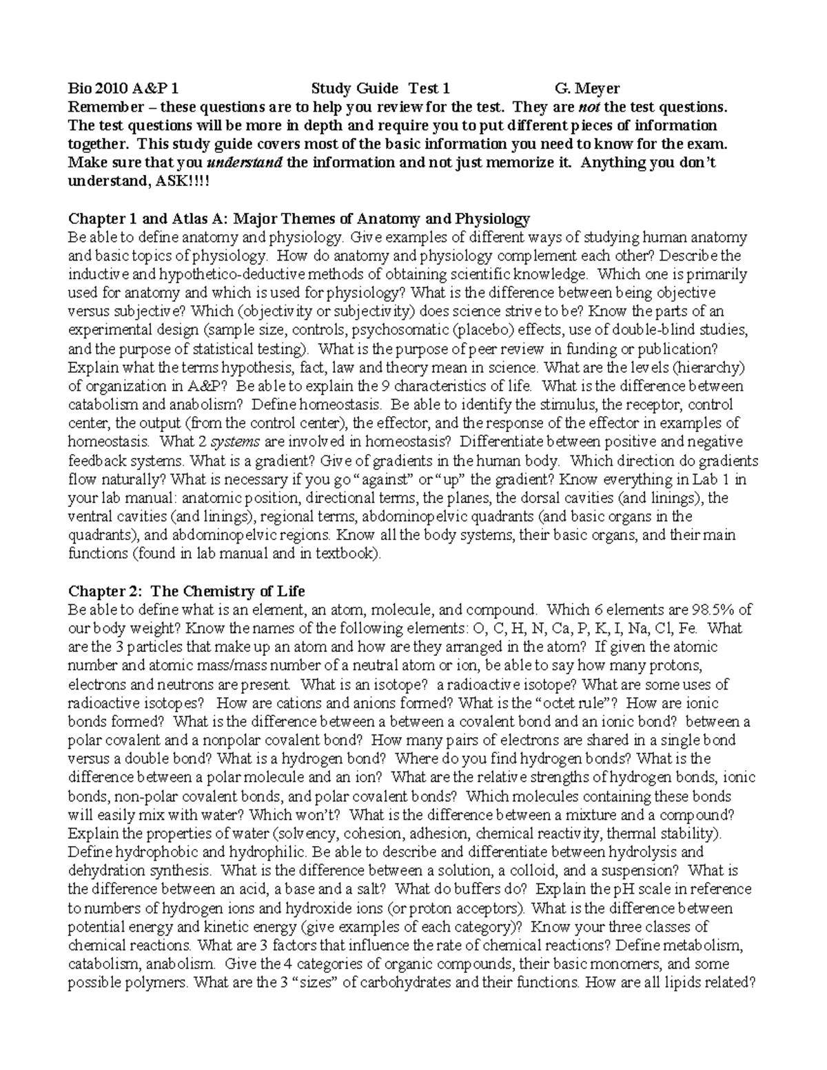 Bio 2010 A&P 1 Study Guide Test 1 - Studocu