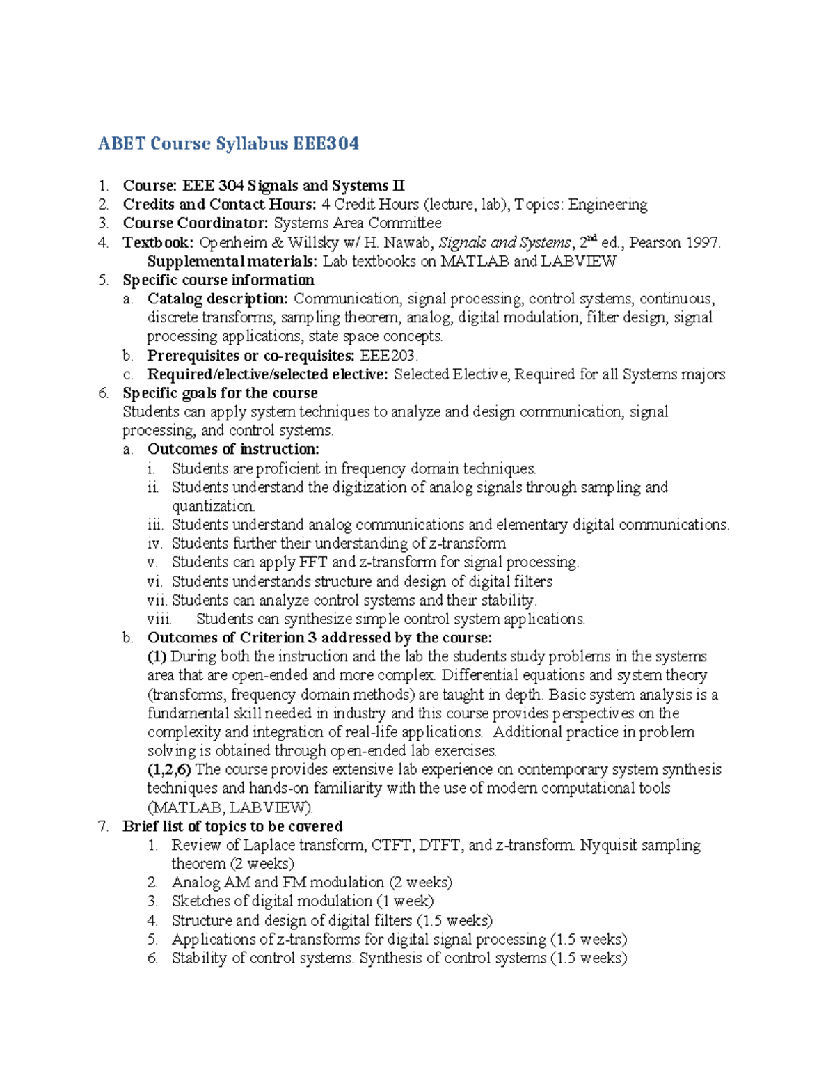 EEE-304-Syllabus - yupe - ABET Course Syllabus EEE 304 Course: EEE 304 ...