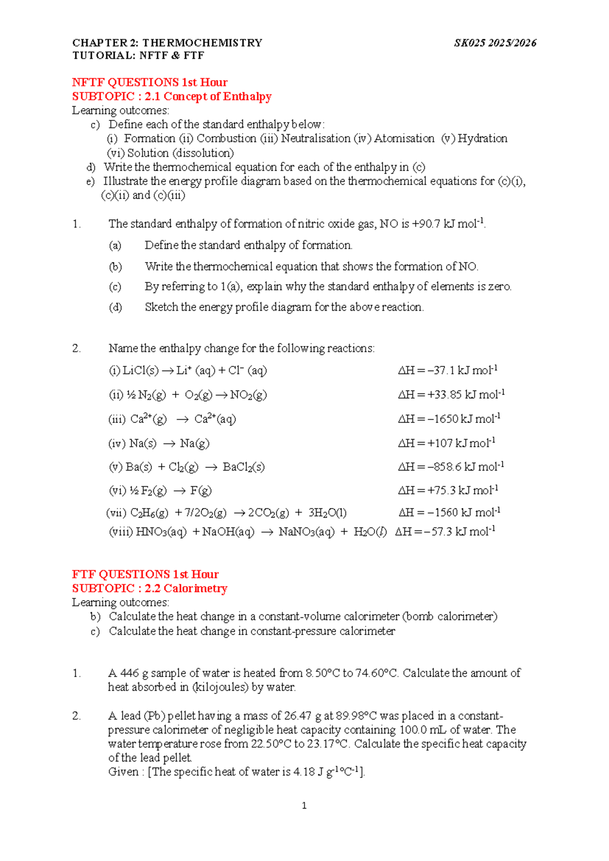 CHAPTER 2: THERMOCHEMISTRY TUTORIAL: NFTF FTF SK025 - Key Concepts and ...