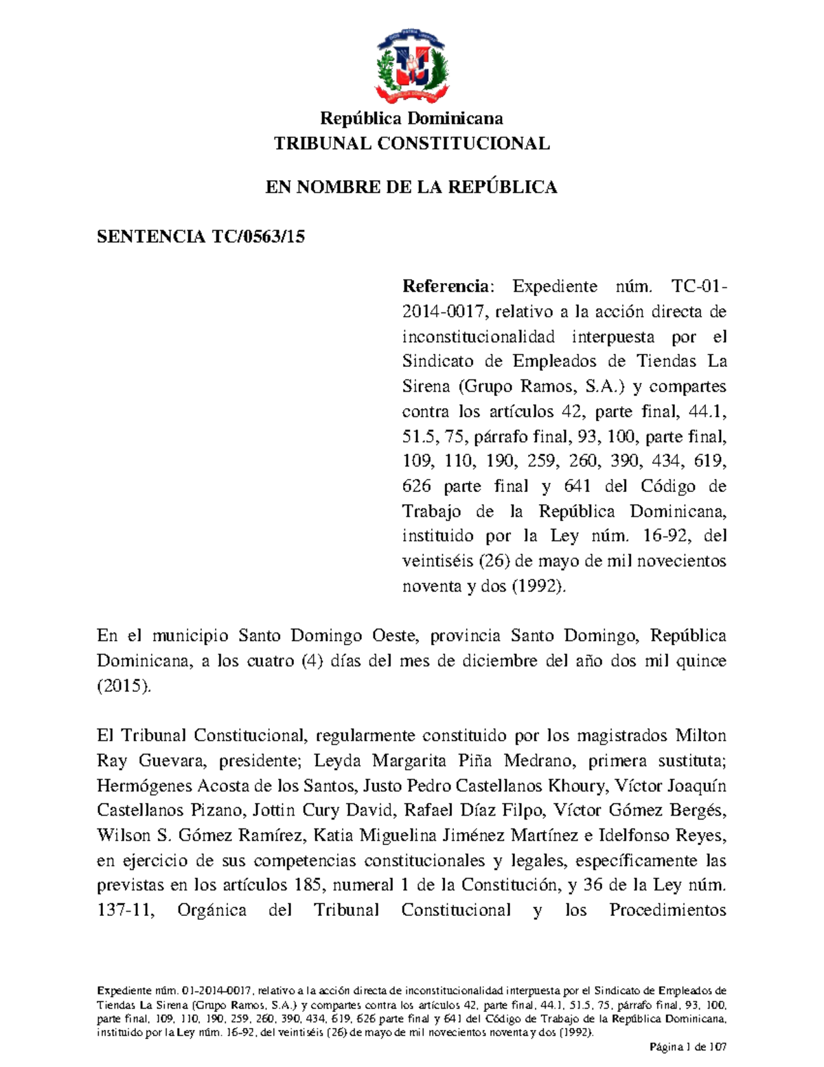 Sentencia TC 0563-15: Acción de Inconstitucionalidad en RD - Studocu