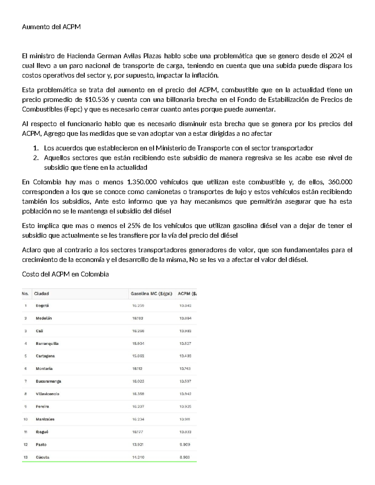 Aumento del ACPM en Colombia: Impacto Económico y Político - Studocu