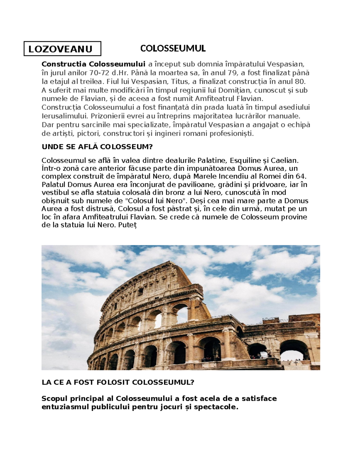 Colosseumul - Istoria și Utilizarea sa în Antichitate - Studocu