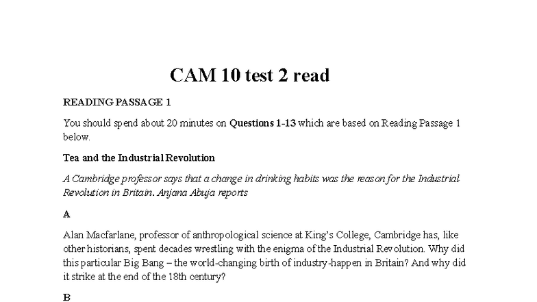 CAM 10 Test 2 Reading Passage Analysis: Tea and the Industrial ...