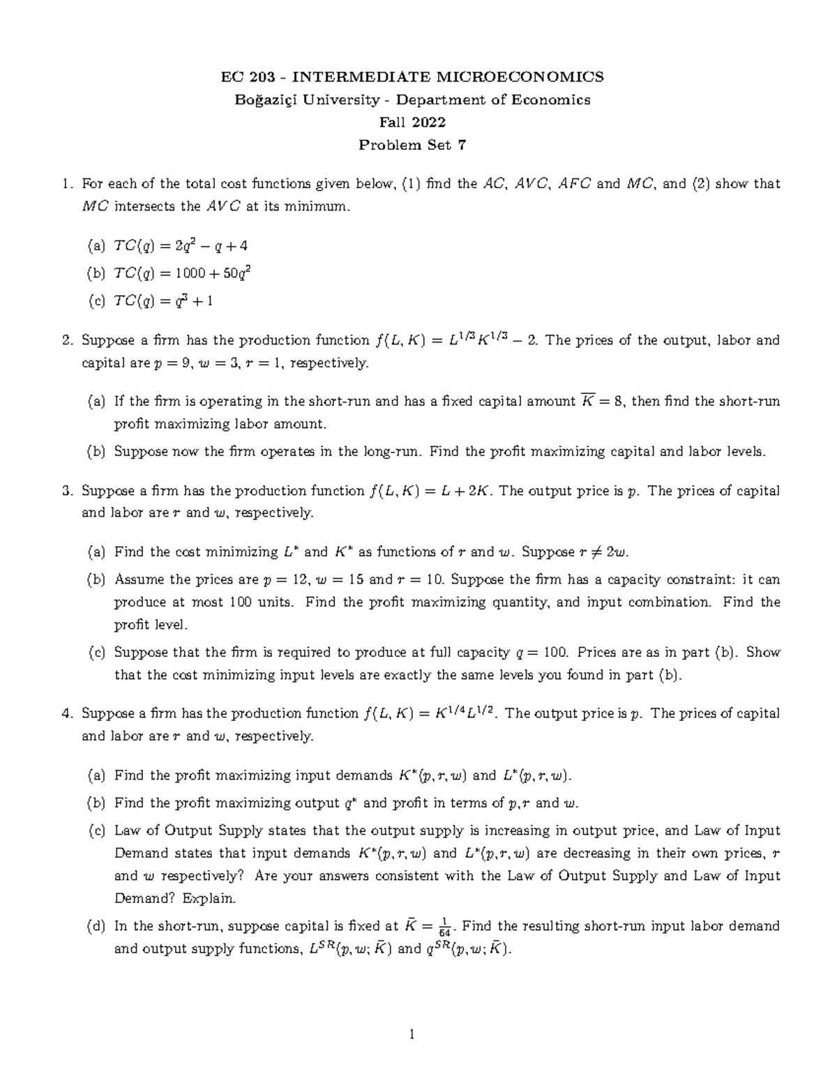 EC203 - Problem Set 7 - EC 203 - INTERMEDIATE MICROECONOMICS Bo ̆gazi ...