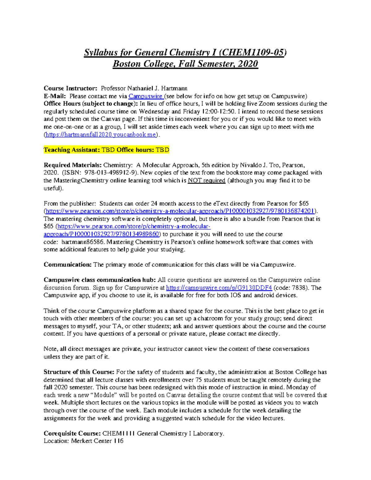 General Chemistry I Syllabus (CHEM11 09 -05) - Fall 2020 - Studocu