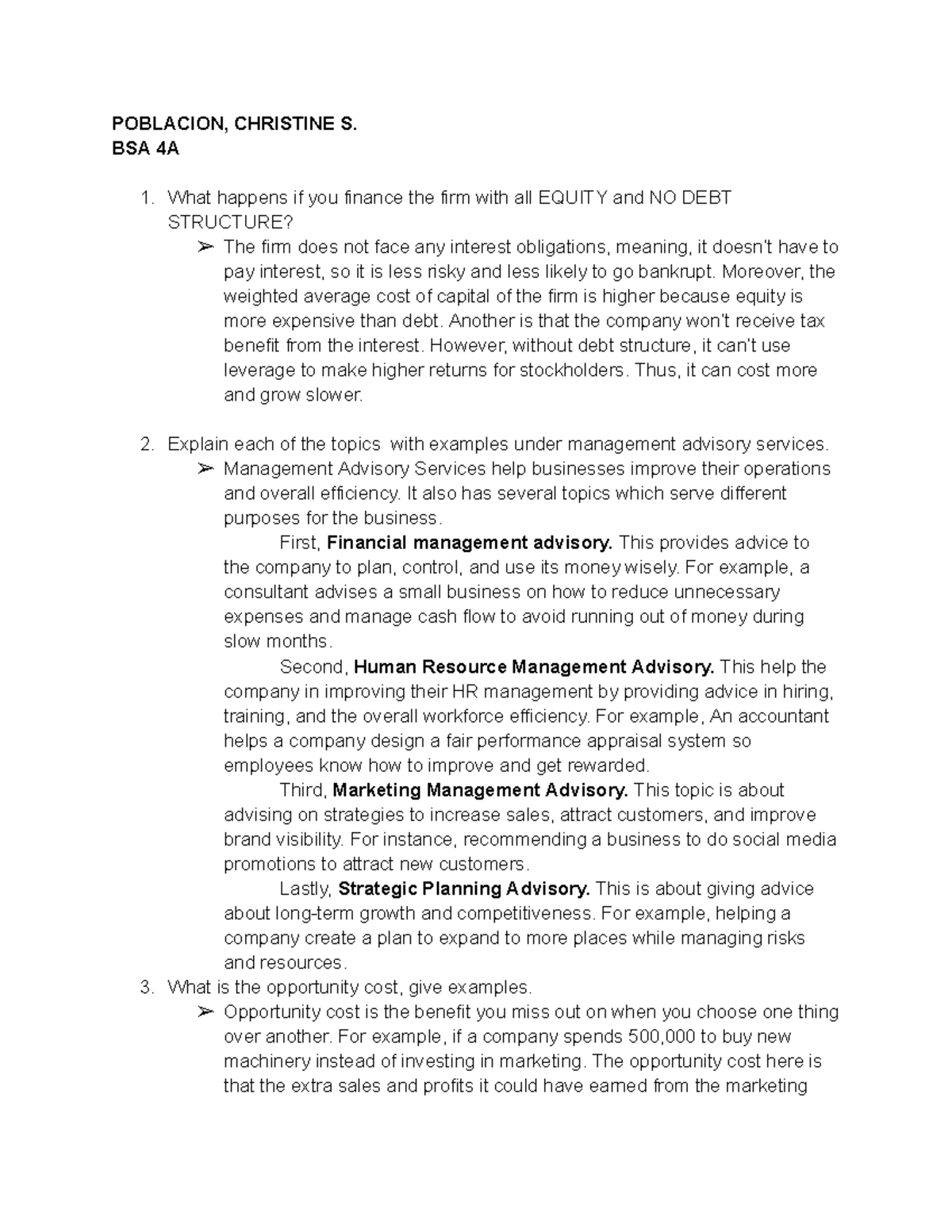 MANAGEMENT ADVISORY SERVICES QUIZ - BSA 4A Insights on Equity Financing ...