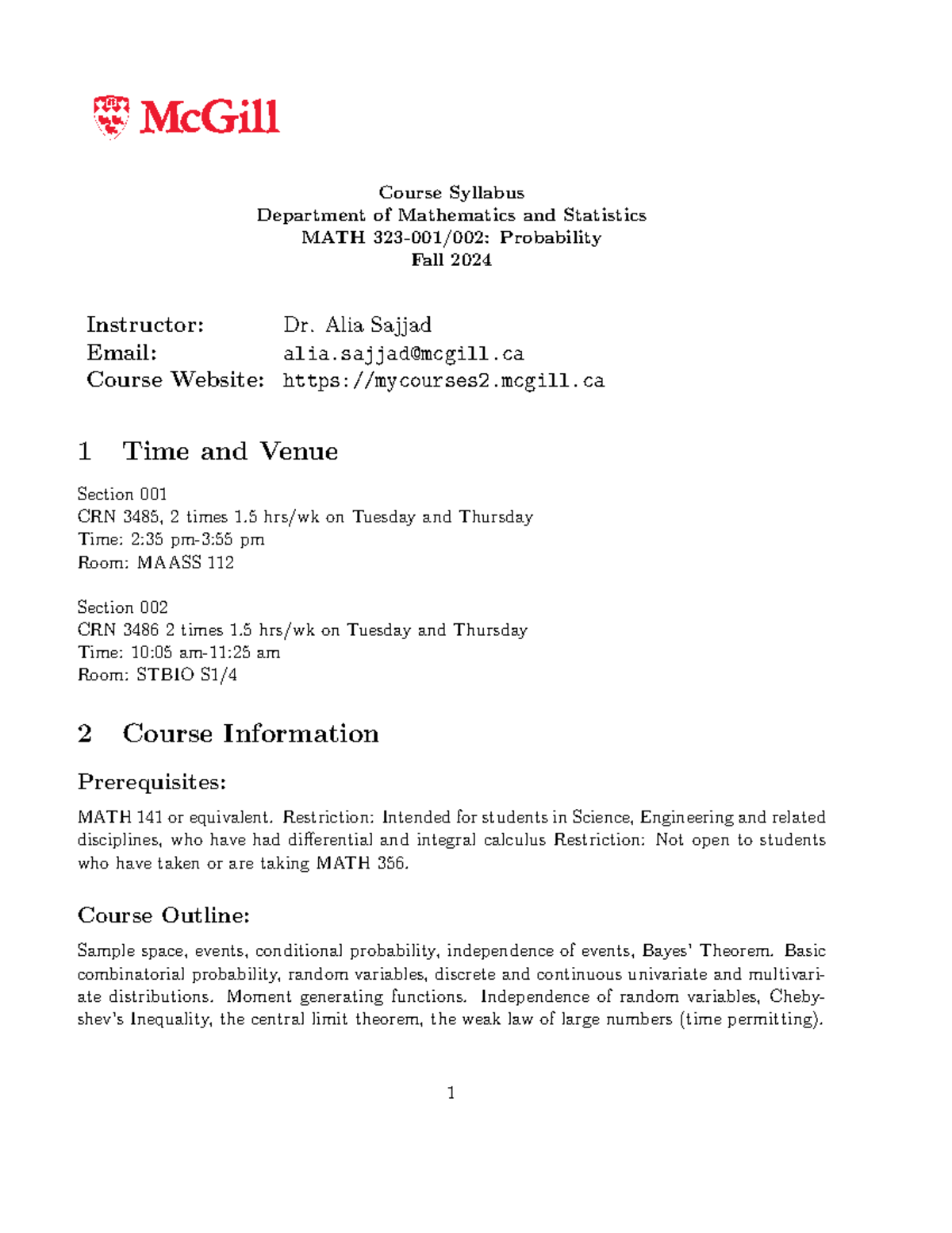 MATH 323 Fall 2024 Course Syllabus: Probability Overview - Studocu