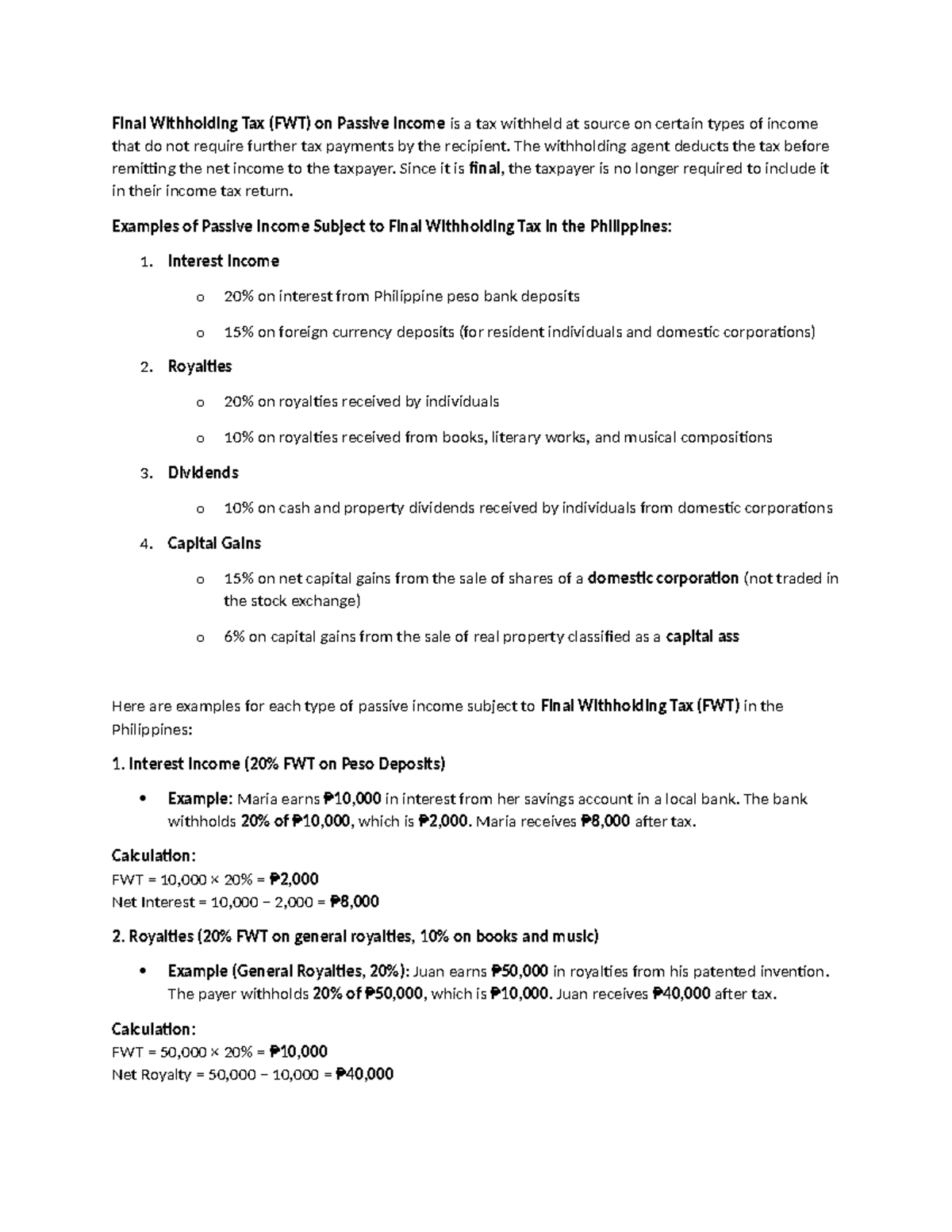 Final Exam Notes on Final Withholding Tax (FWT) Basics - Studocu