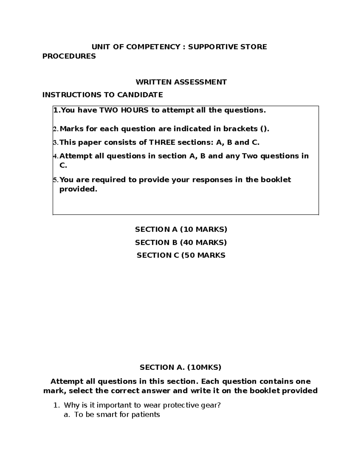Store Keeping - Past Paper Practice Questions and Assessment - Studocu