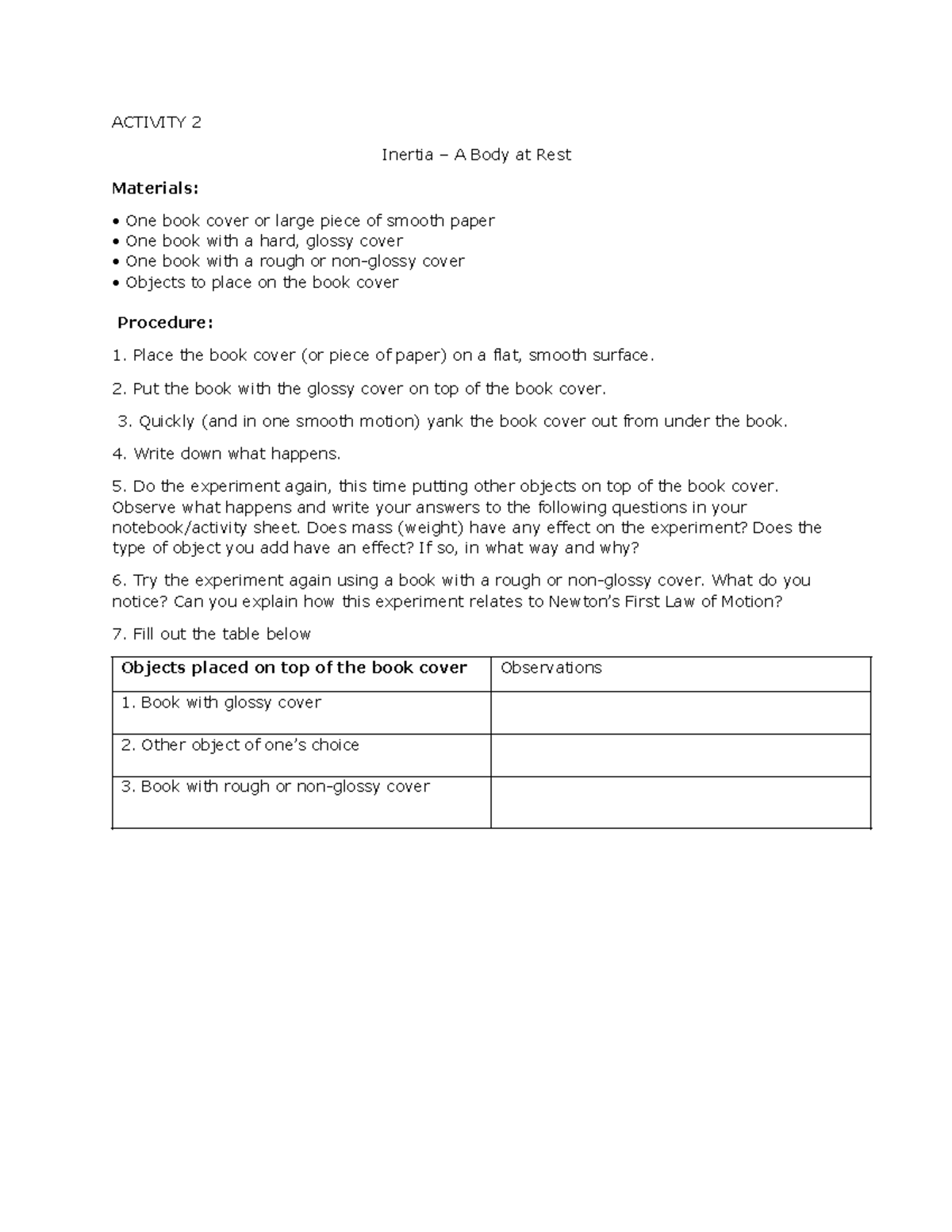 Science 10 Activity 2: Exploring Inertia and Motion - Studocu
