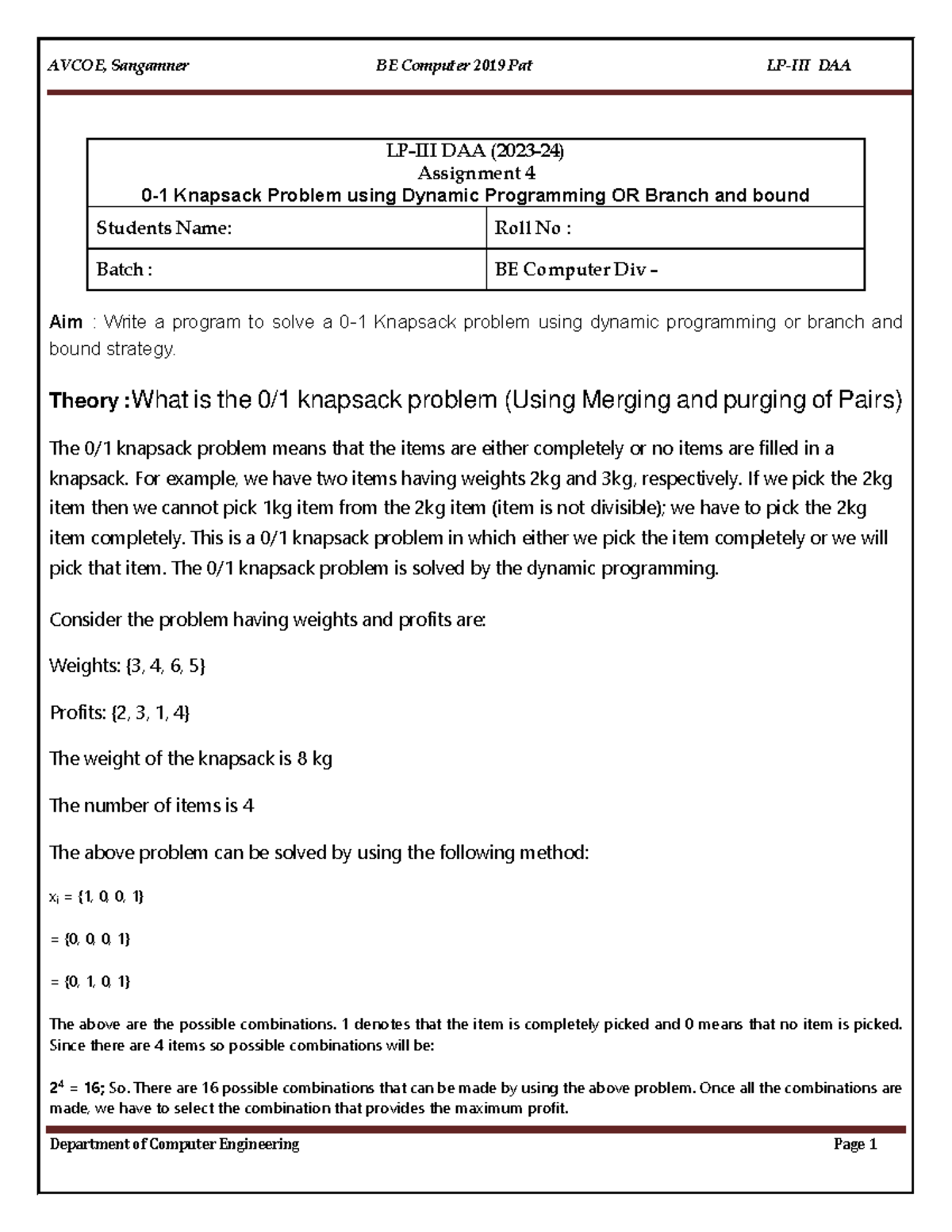 LP-III DAA Assignment 4: 0-1 Knapsack Problem Solutions Using DP & BB ...
