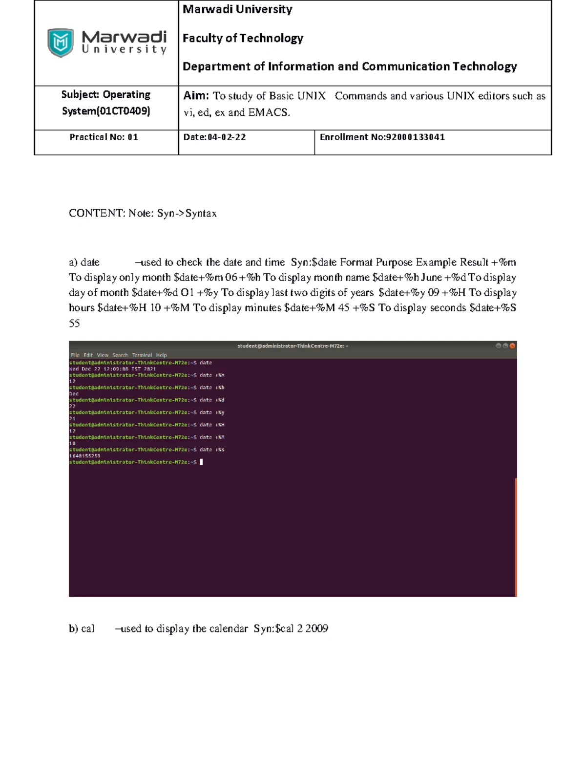 OS Practicle 2 - Aim: To study of Basic UNIX Commands and various UNIX ...