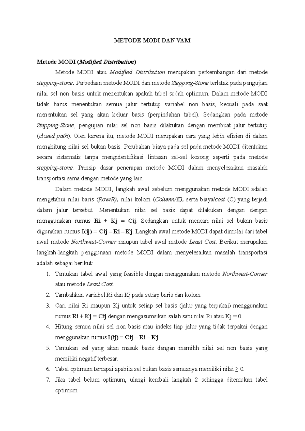 Metode MODI dan VAM dalam Penyelesaian Masalah Transportasi - Studocu