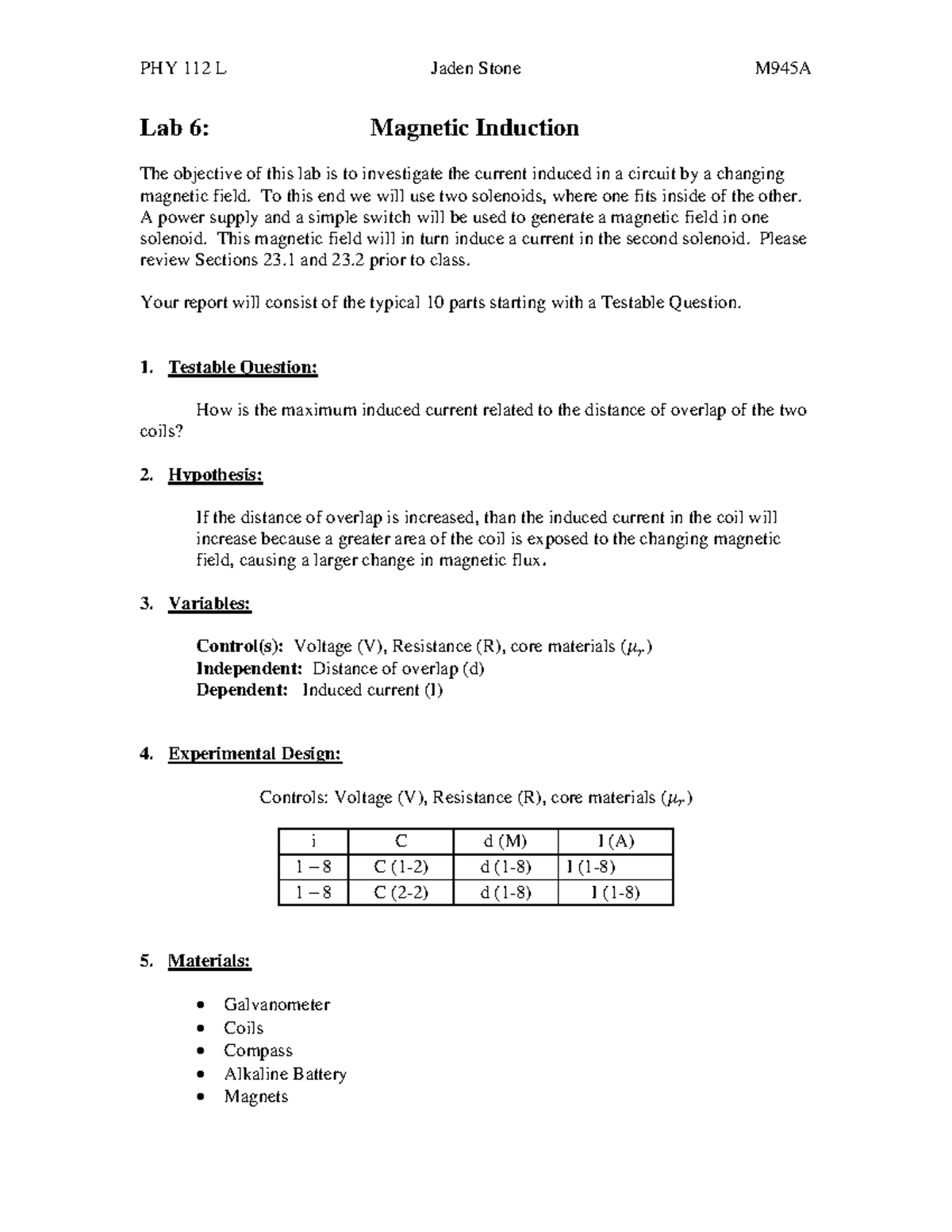 Lab 6 Report: Investigating Magnetic Induction Effects on Current - Studocu