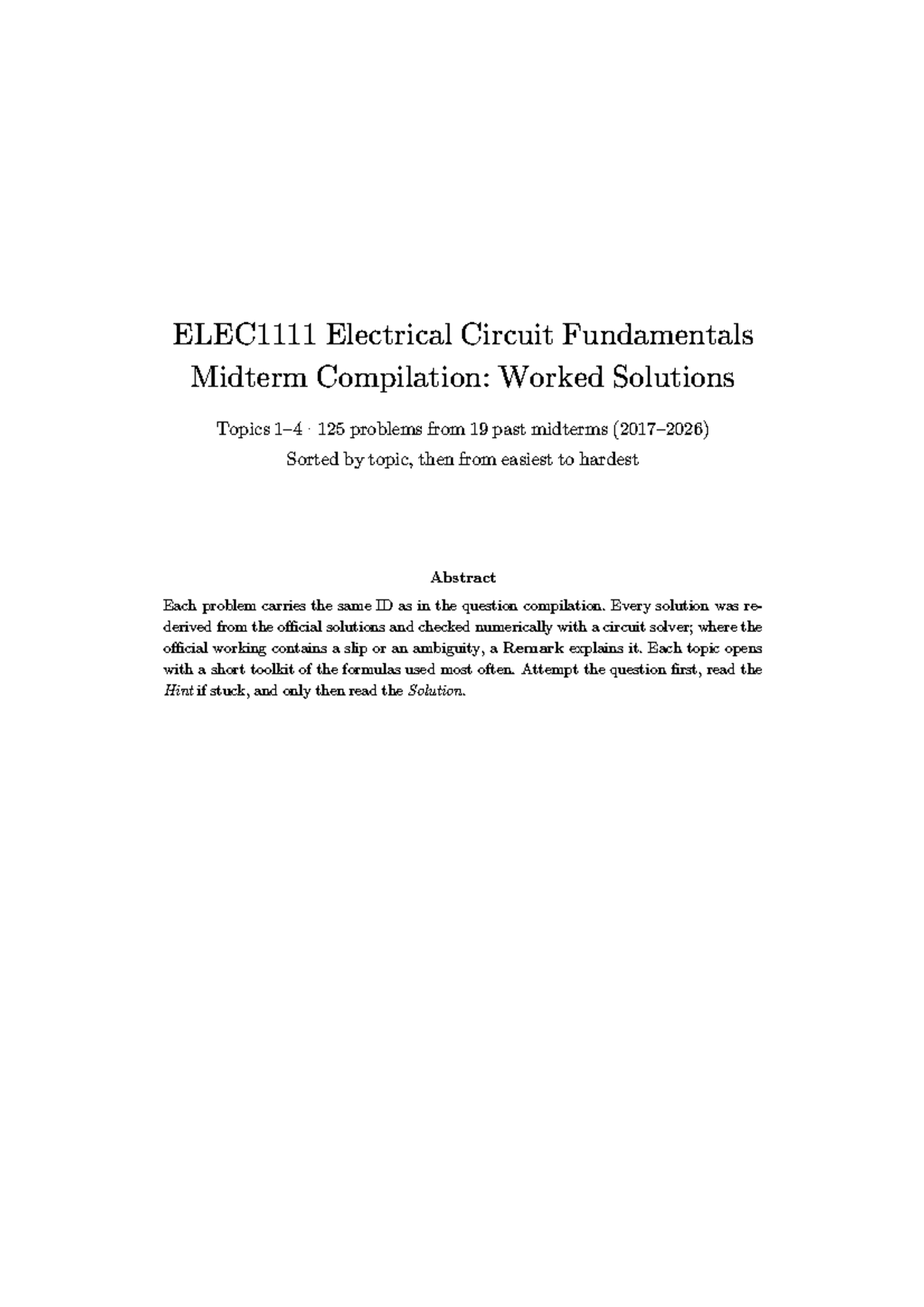 ELEC1111 Midterm Exam: Electrical Circuit Fundamentals Solutions - Studocu