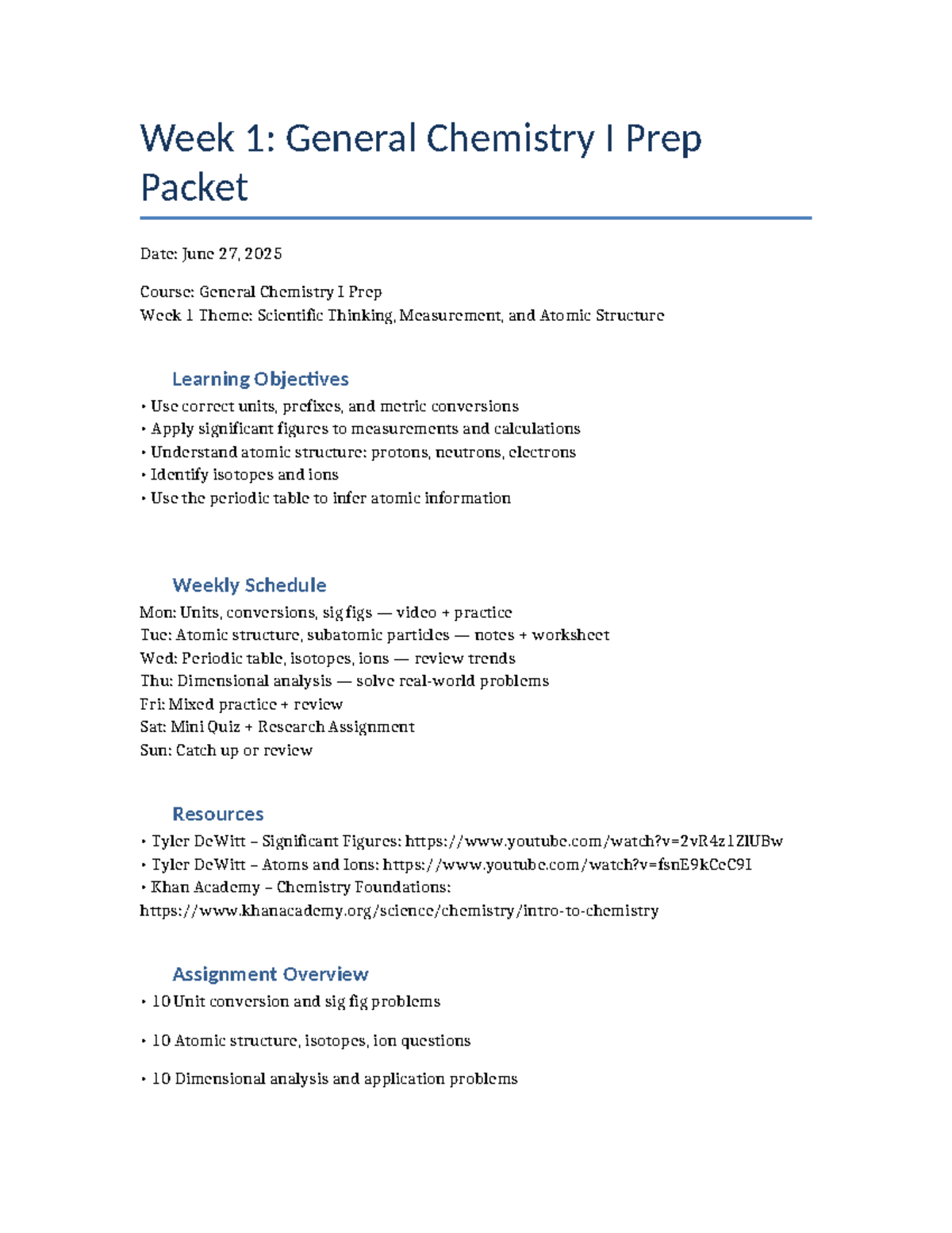 General Chemistry I Prep Packet: Week 1 Overview and Activities - Studocu