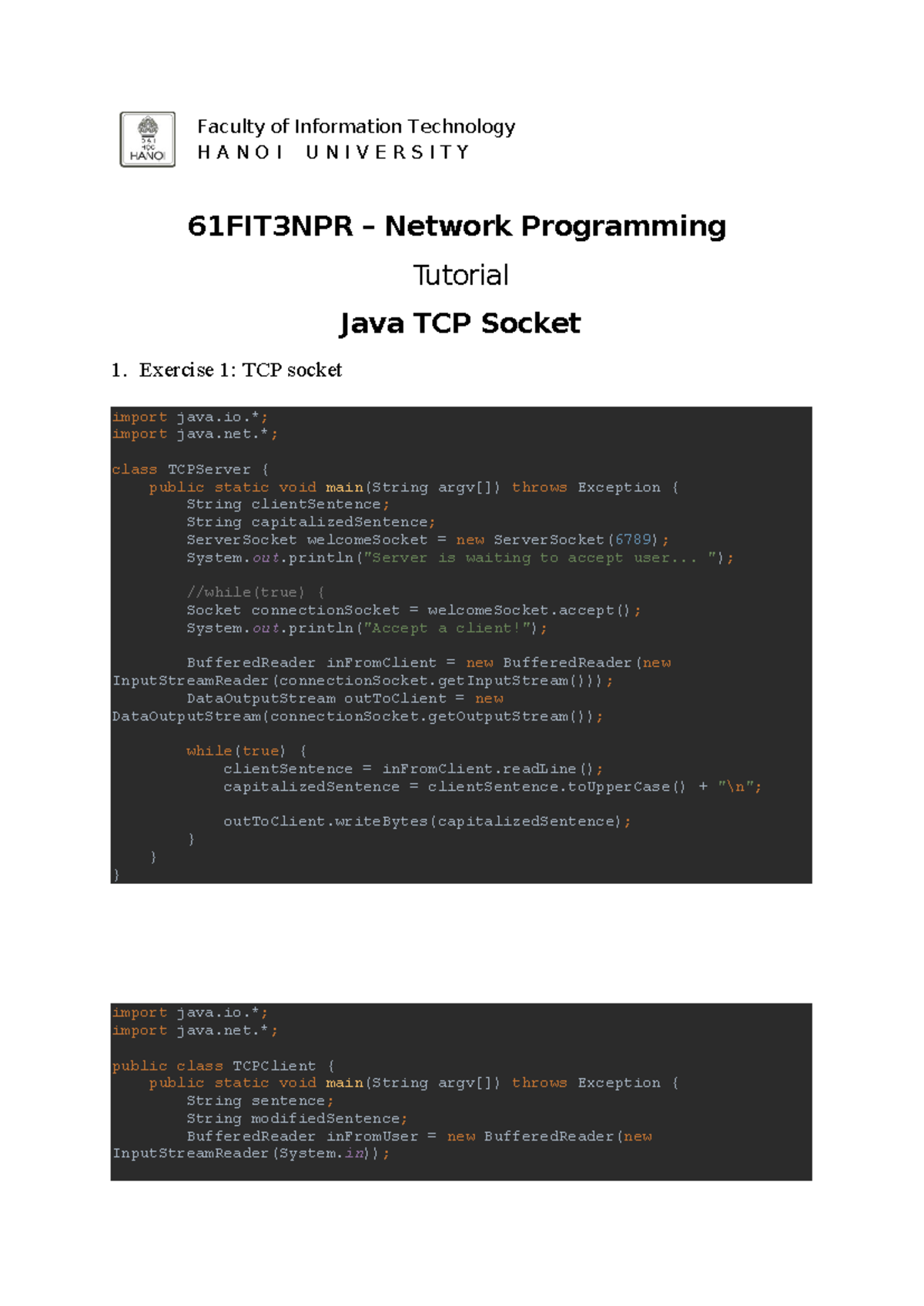 61FIT3NPR W05 Tutorial: Java TCP Socket Exercises Overview - Studocu