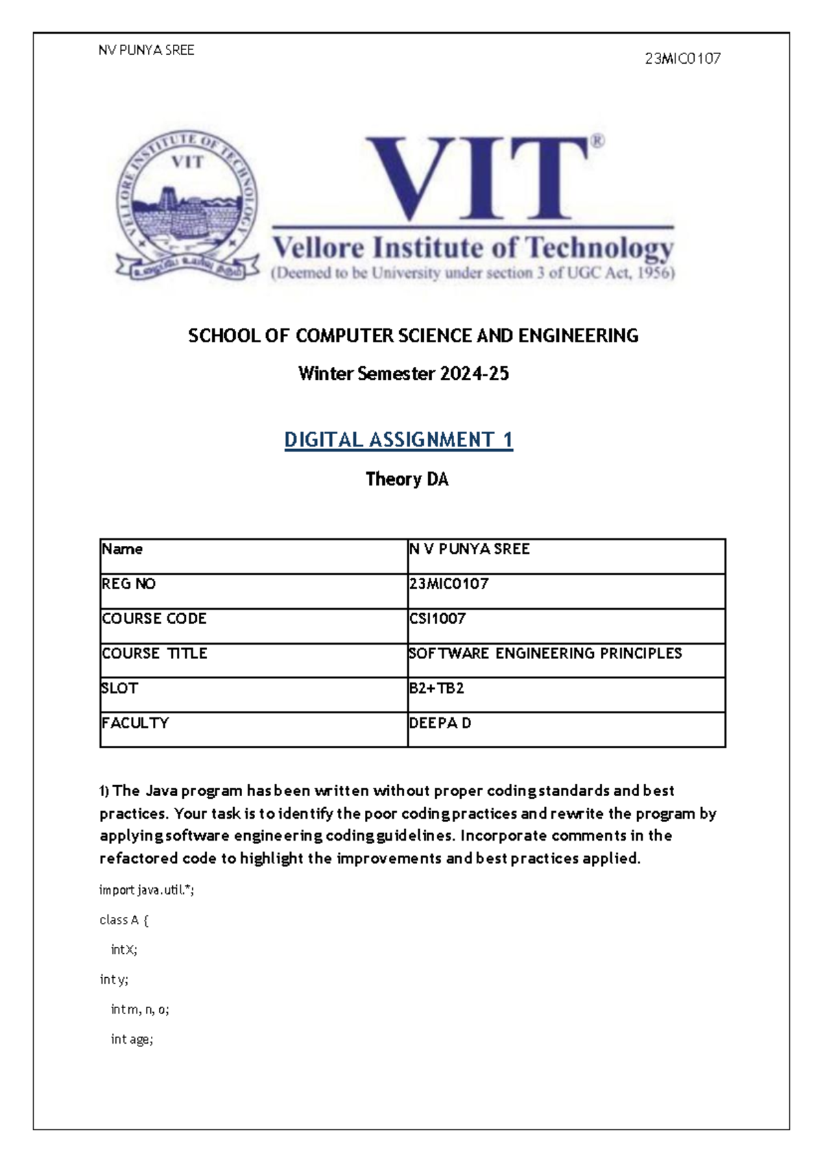 Refactoring Poor Coding Practices in Java: CSI1007 Digital Assignment 1 ...
