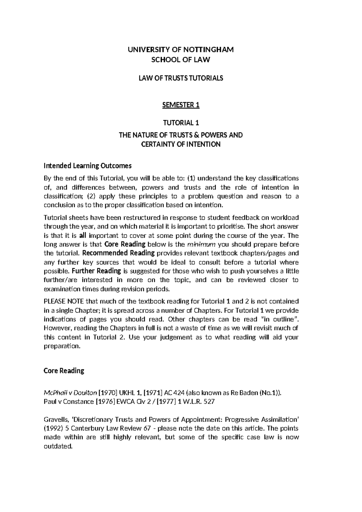 LAW2061 Tutorial 1: Nature of Trusts & Certainty of Intention - Studocu