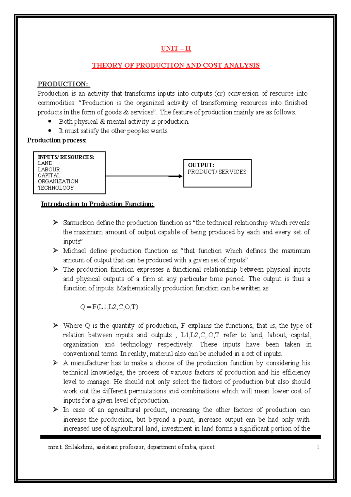 MEFA 2: Theory of Production and Cost Analysis Notes - Studocu