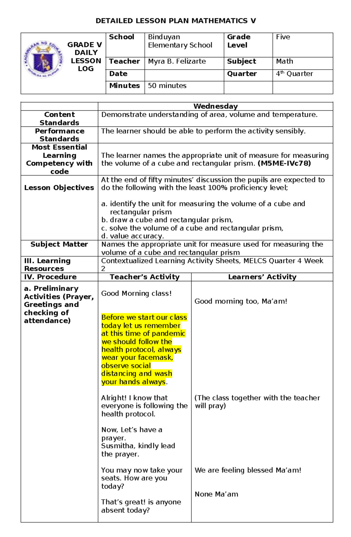 Comath 4th Quarter Lesson Plan: Volume of Cubes & Prisms - Studocu