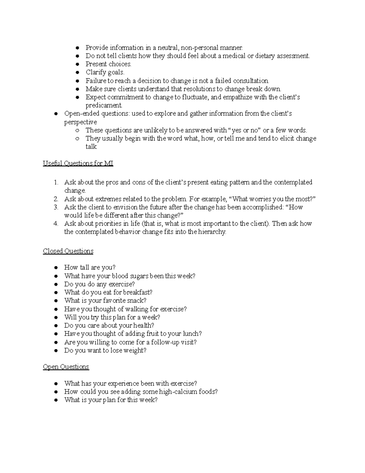 FSN 430 Final Exam Notes: Motivational Interviewing & Counseling - Studocu