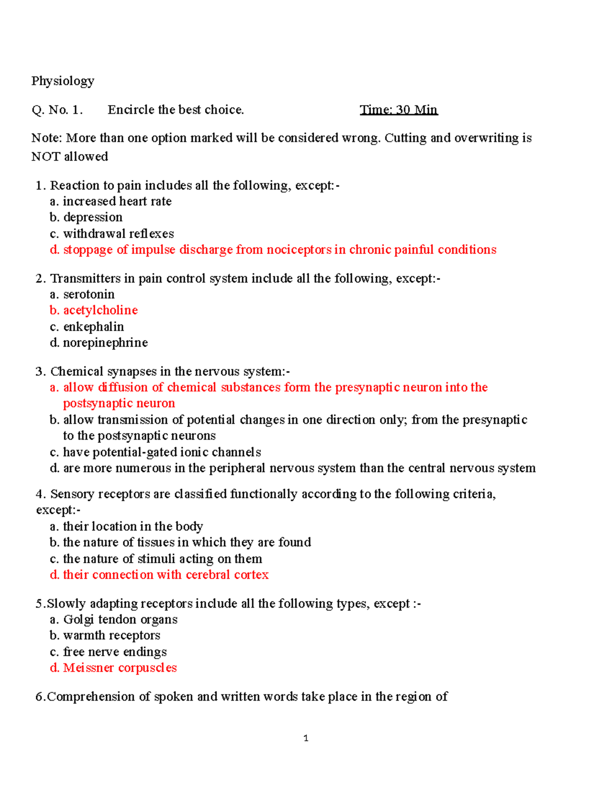 Physiology-1 Quiz: Multiple Choice Questions & Answers - Studocu