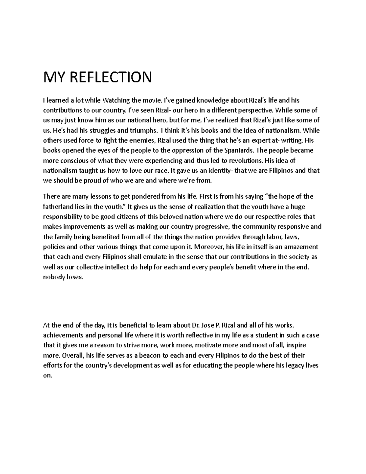 REFLECTION PAPER ON DR. JOSE RIZAL'S CONTRIBUTIONS AND LEGACY - Studocu