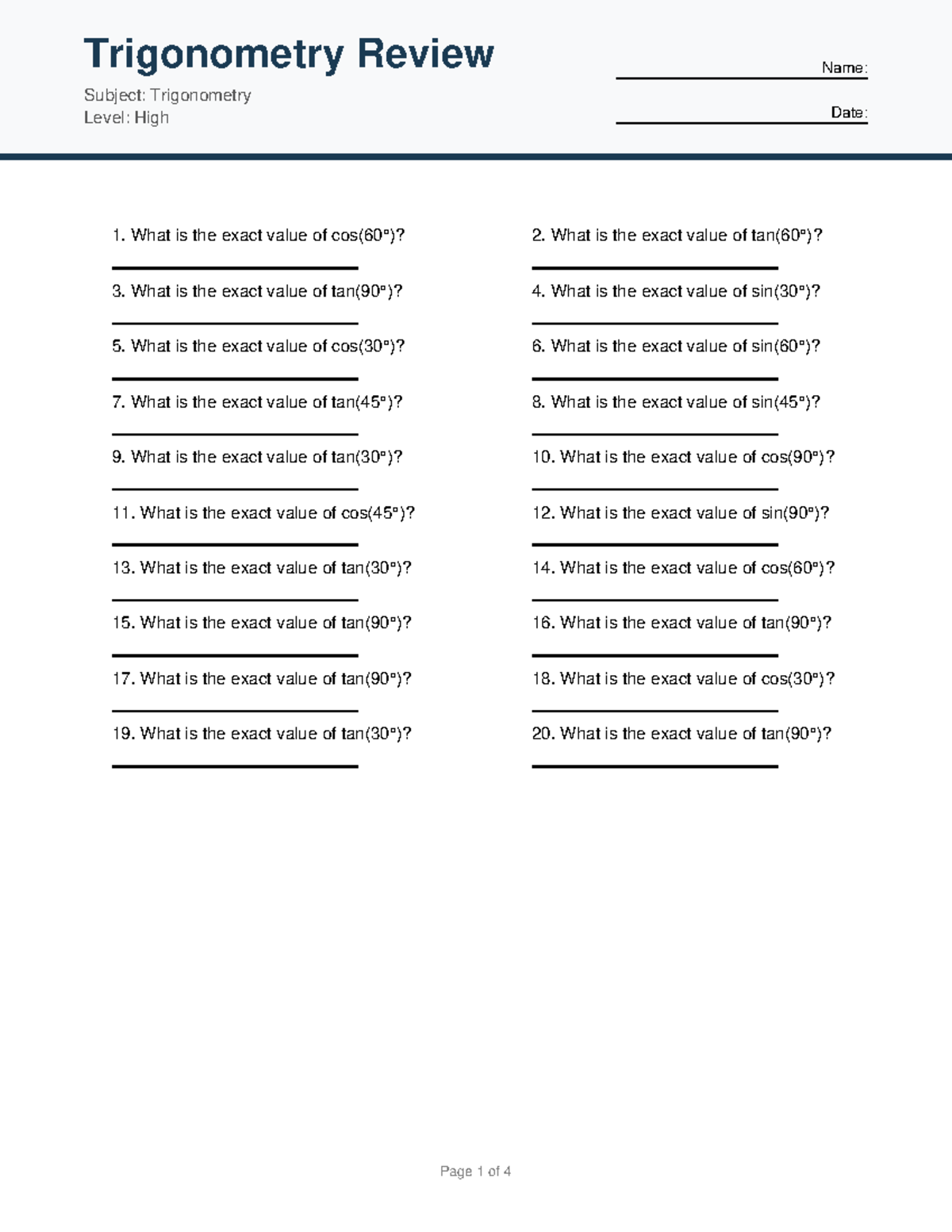 Trigonometry Review Notes - High Level Study Guide - Studocu