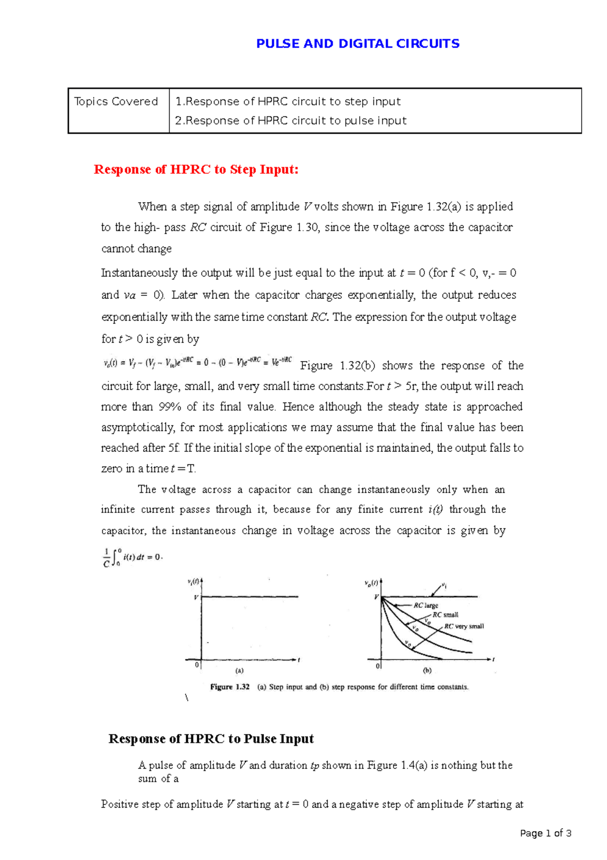 Response Analysis of HPRC Circuit to Step and Pulse Inputs - Studocu