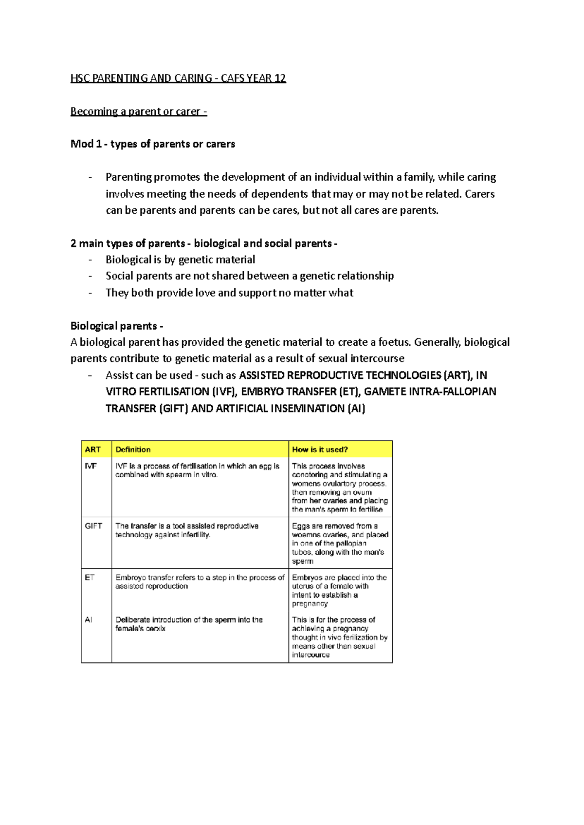 HSC CAFS Year 12 Parenting and Caring: Module 1 Overview - Studocu