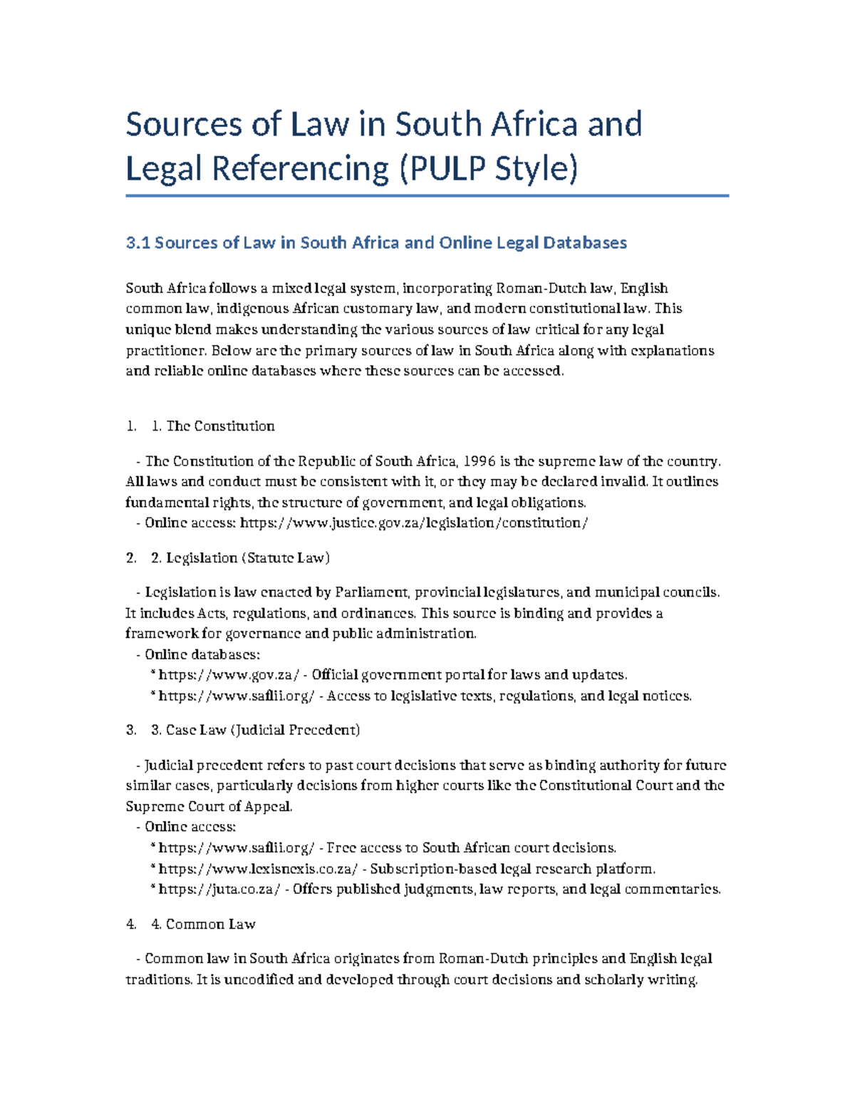 Sources of Law in South Africa & PULP Referencing Guide - Studocu