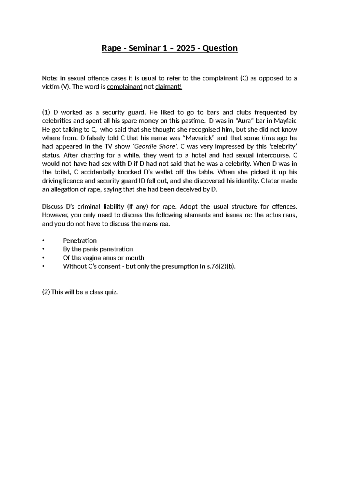 Rape seminar 1 - Qs 2025 - practice question for the topic sexual ...