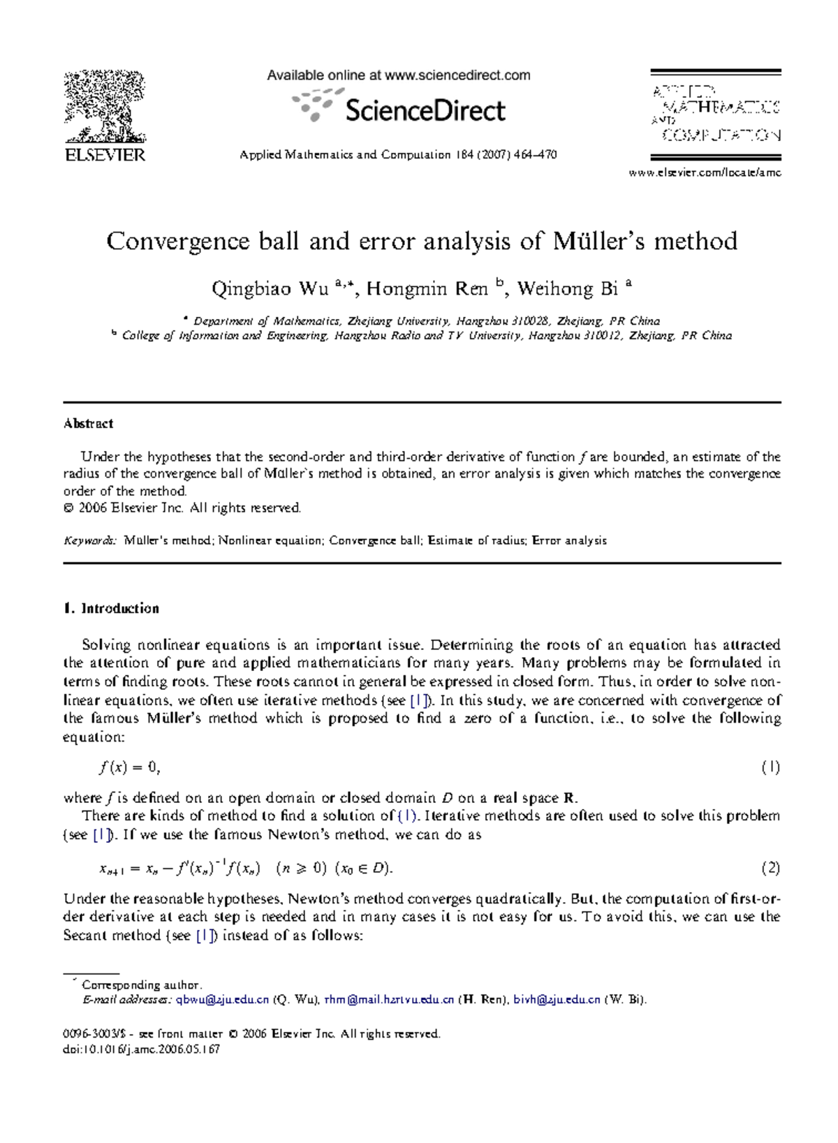 Convergence Ball and Error Analysis of Muller's Method (MATH 184) - Studocu