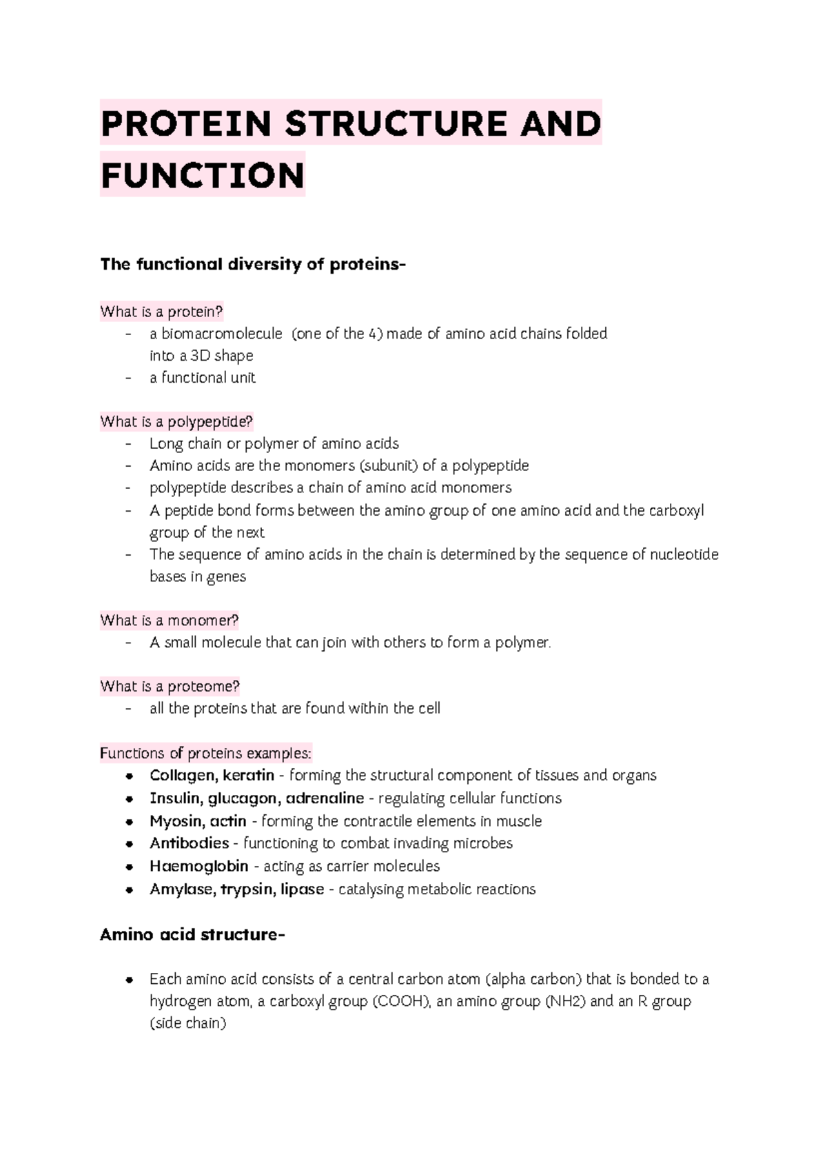 Protein Structure and Function: AOS3 Unit 1 Bio SAC Notes - Studocu