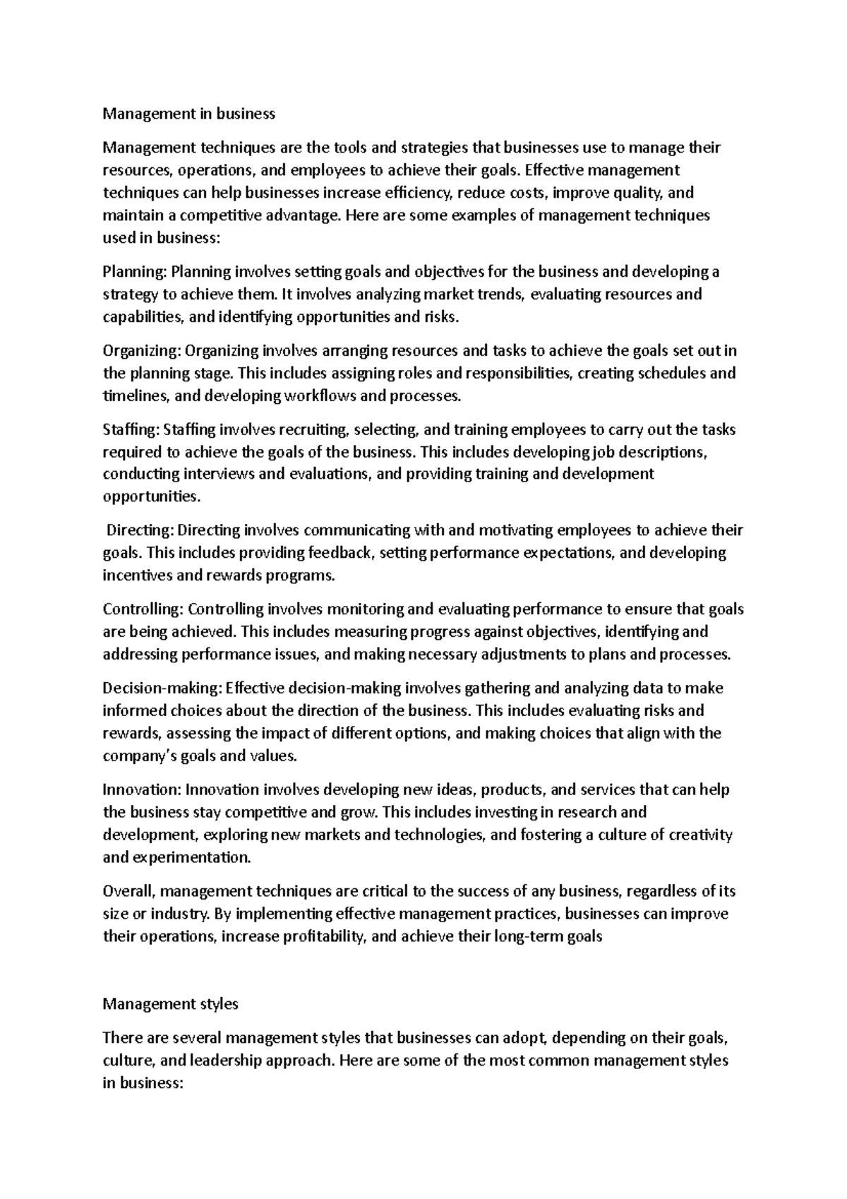 Management in business - Management in business Management techniques ...