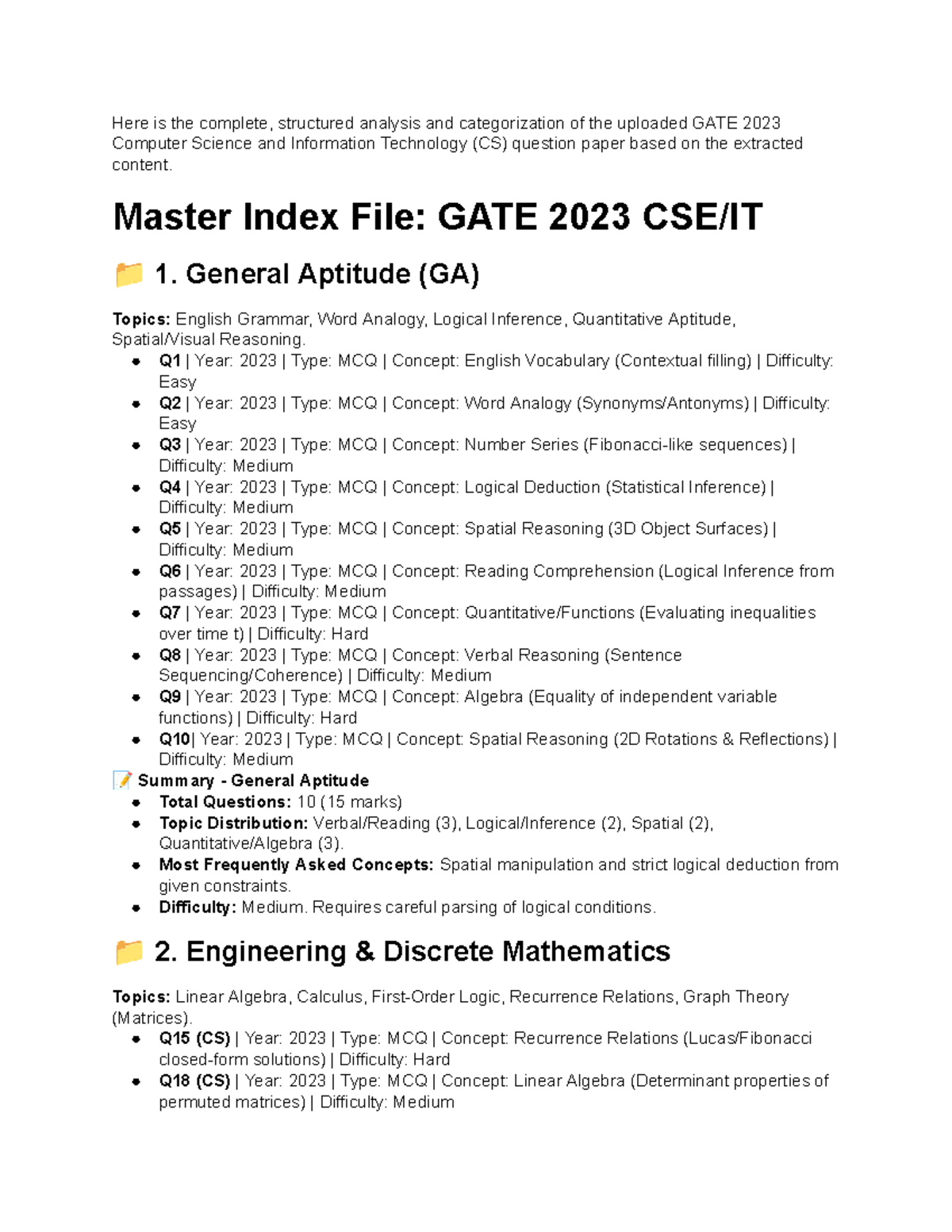 GATE 2023 CS Question Paper Analysis and Categorization - Studocu