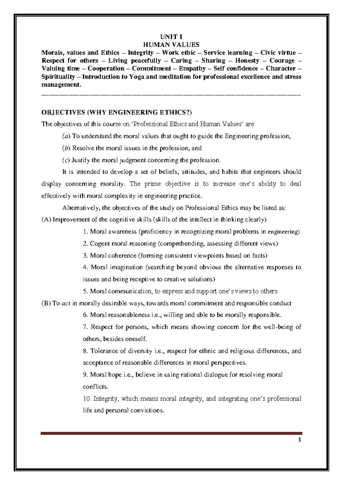Unit 1 Human Values Professional Ethics Final Yr 7th Sem Notes