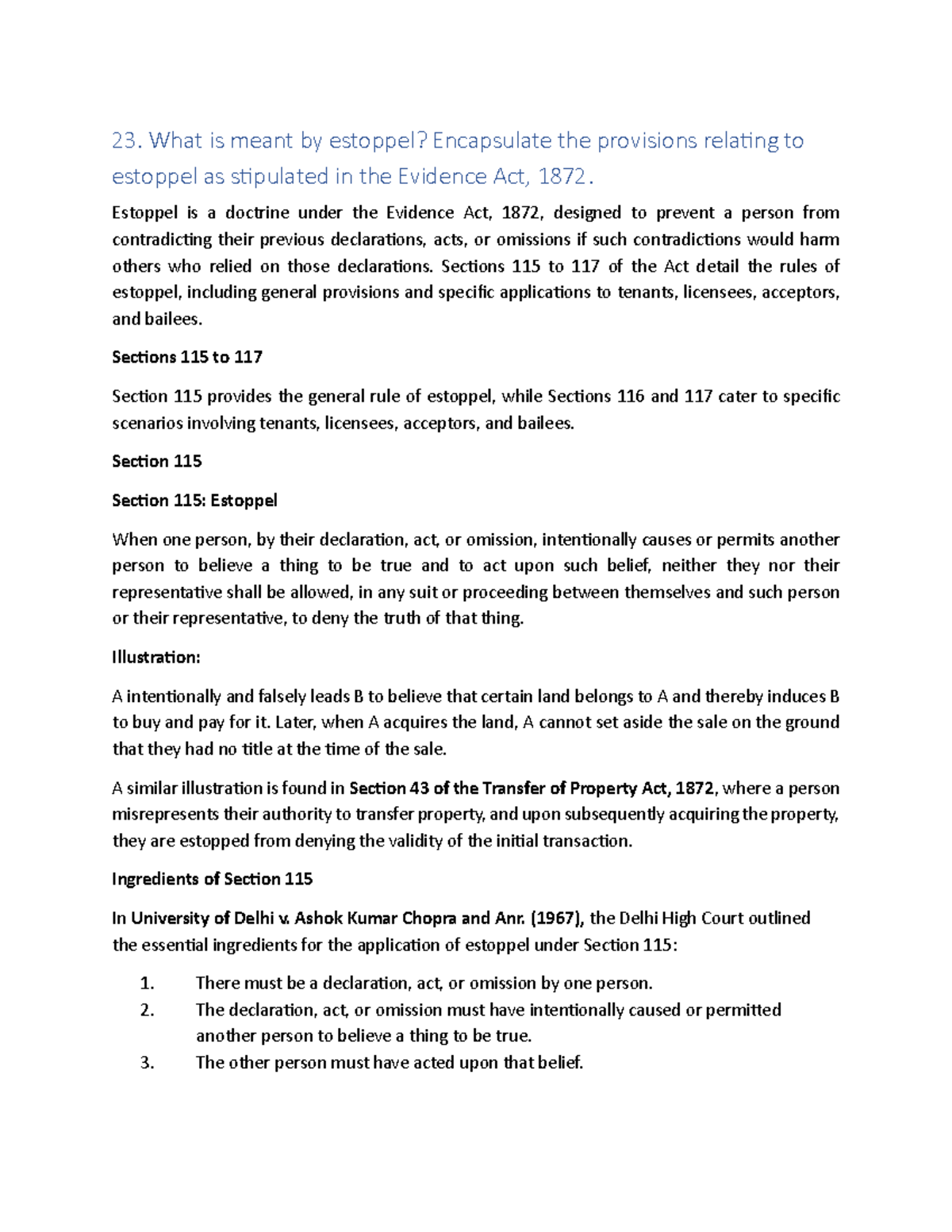 Estoppel Under the Evidence Act, 1872: Key Provisions Explained - Studocu