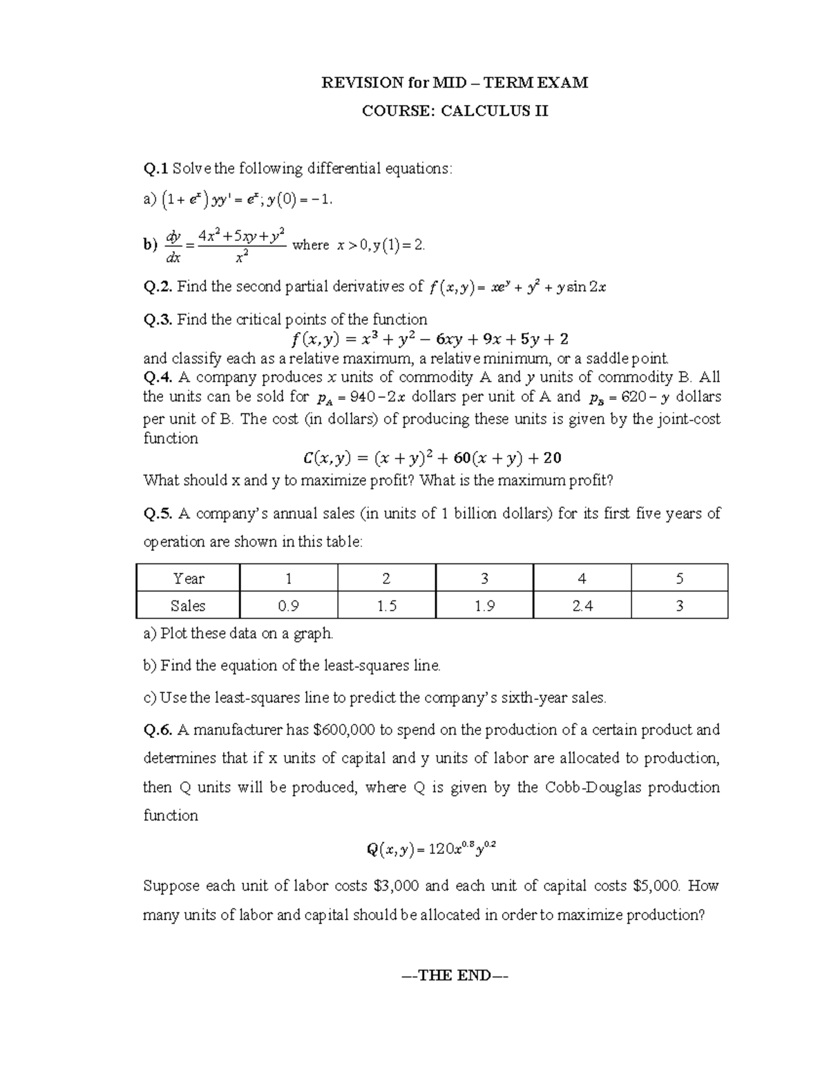 Calculus II Midterm Revision Notes and Exercises - Studocu
