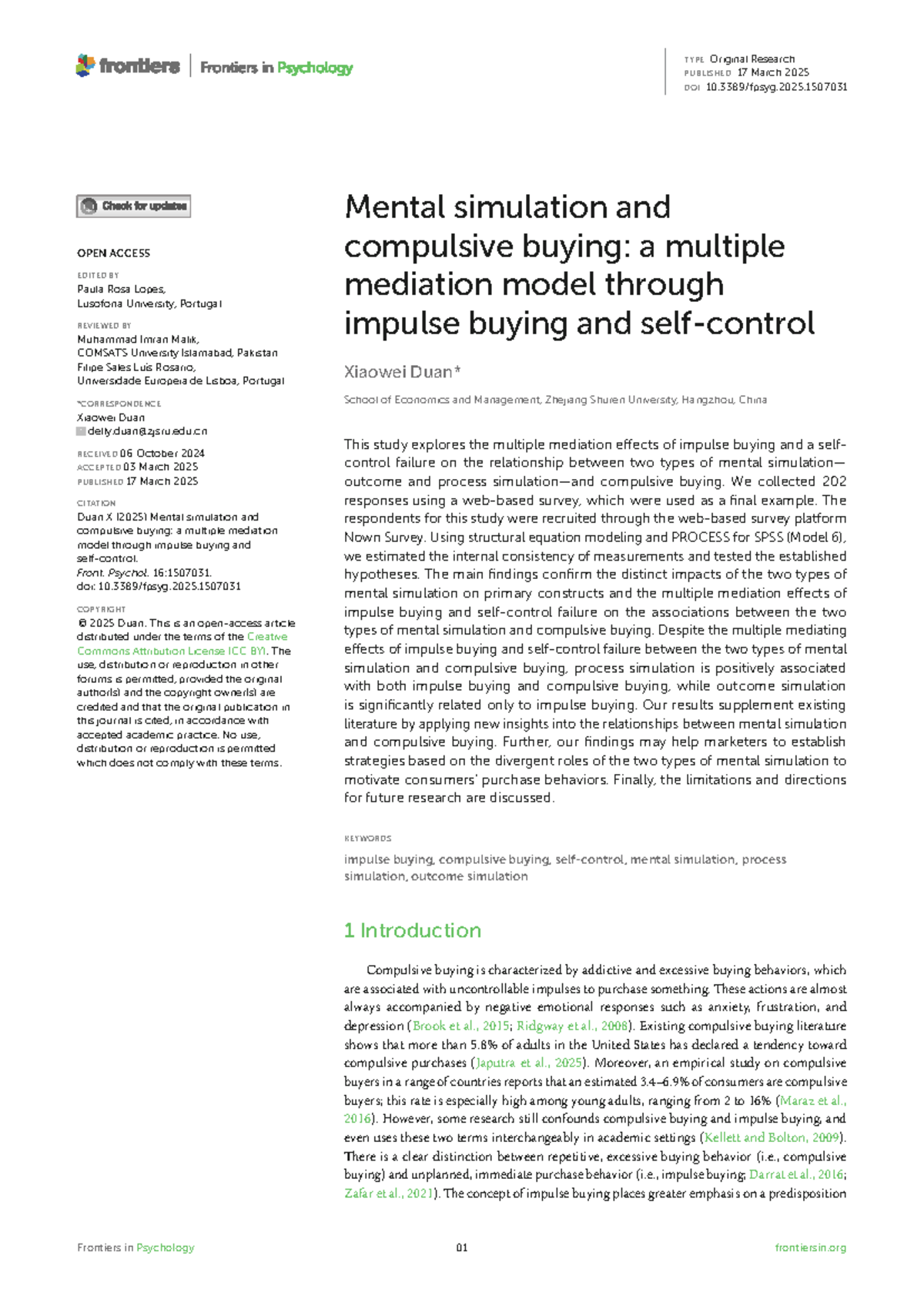 Mental Simulation and Compulsive Buying: A Mediation Study (PSY 101 ...