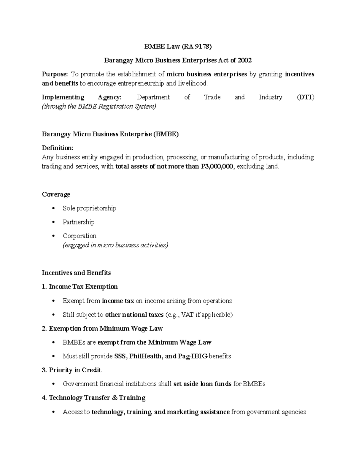 BMBE Law (RA 9178) Notes on Micro Business Enterprises Act - Studocu