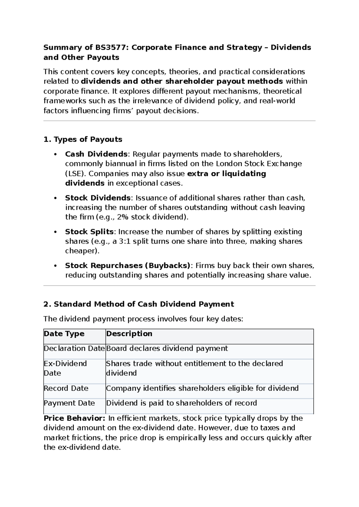 BS3577: Corporate Finance & Strategy - Dividend Payout Summary - Studocu